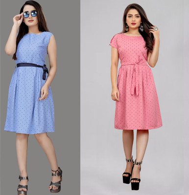 maruti fab Women Fit and Flare Light Blue Below Knee Dress