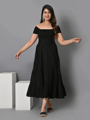 VYMO Women Fit and Flare Black Midi/Calf Length Dress