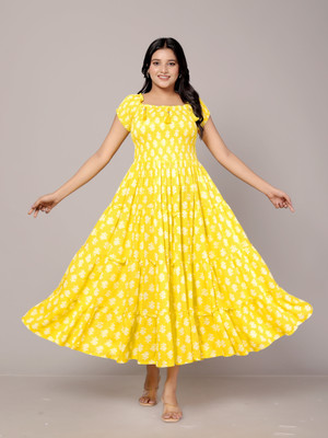 La Touch Premium Women Fit and Flare Yellow Maxi/Full Length Dress