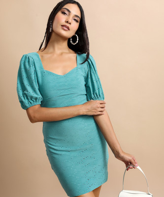 Tokyo Talkies Women A-line Light Blue Above Knee/Mid Thigh Length Dress