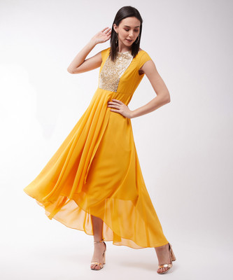 Miss Chase Women A-line Yellow Maxi/Full Length Dress
