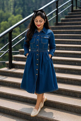 RKK Collection Women Fit and Flare Blue Midi/Calf Length Dress