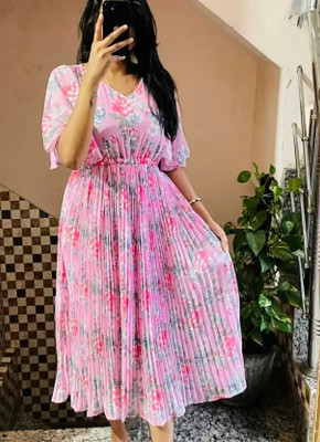 simran collections Women Fit and Flare Multicolor Midi/Calf Length Dress