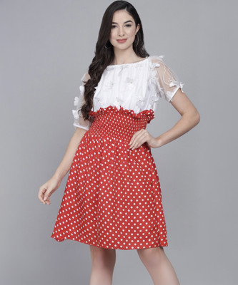 NewWear Women A-line Red, White Above Knee/Mid Thigh Length Dress