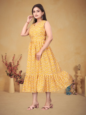 HIT FASHION HUB Women Fit and Flare Yellow Midi/Calf Length Dress