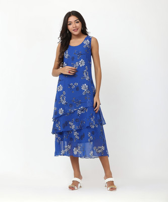 TSM Women Layered Black, Blue, Light Blue Midi/Calf Length Dress