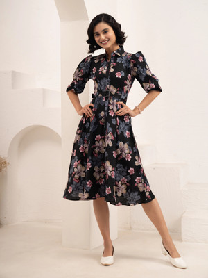AASK Women Fit and Flare Multicolor Midi/Calf Length Dress