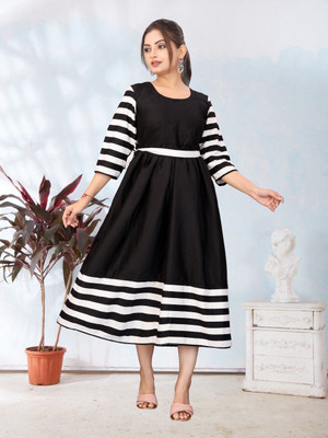 HIT FASHION HUB Women Fit and Flare Black, White Midi/Calf Length Dress