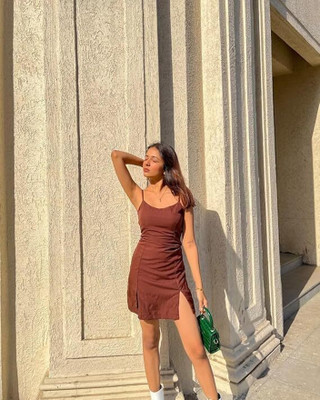 LONDON SNITCH Women Cinched Waist Brown Above Knee/Mid Thigh Length Dress