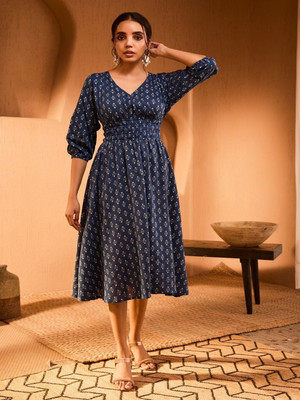 Krunal Raiyani Women Fit and Flare Dark Blue Midi/Calf Length Dress