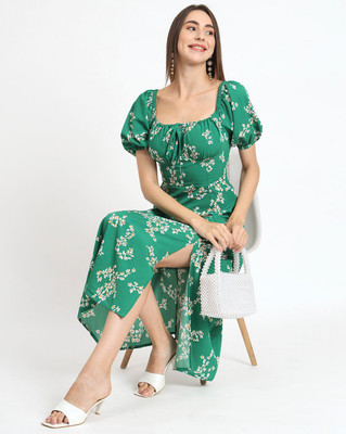 ANVI Be Yourself Women Fit and Flare Light Green, White, Yellow Midi/Calf Length Dress