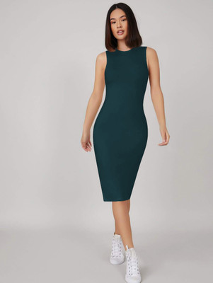 CILIMILI Women Bodycon Dark Green Midi/Calf Length Dress