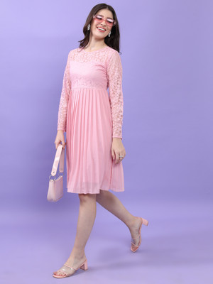 Tokyo Talkies Women Pleated Pink Knee Length Dress