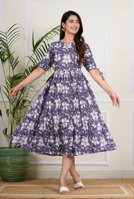 Twirl Tales Women A-line Purple, White Midi/Calf Length Dress