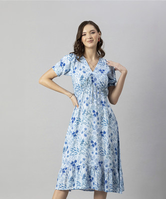 moomaya Women Fit and Flare Dark Blue, White, Light Blue Midi/Calf Length Dress