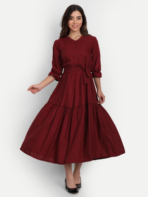 DERIFA Women Fit and Flare Maroon Midi/Calf Length Dress