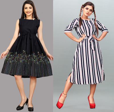 tanvi creation Women Fit and Flare Blue Midi/Calf Length Dress