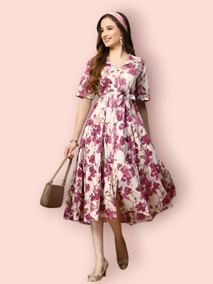 HouseOfCommon Women Fit and Flare White, Purple Below Knee Dress