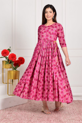 Gulabi Jaipur Women Fit and Flare Blue Ankle Length Dress