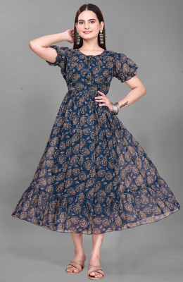 Parth Creation Women Fit and Flare Dark Blue Maxi/Full Length Dress