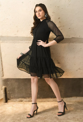SAKSHI TRADER Women Fit and Flare Black Knee Length Dress