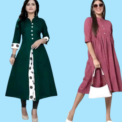 Suhani Creationnm Women Printed, Striped A-line Kurta(Green, Pink)