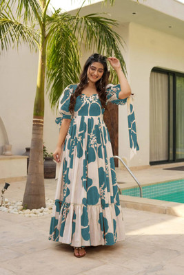 Vishva creation Women Fit and Flare Blue, White Maxi/Full Length Dress