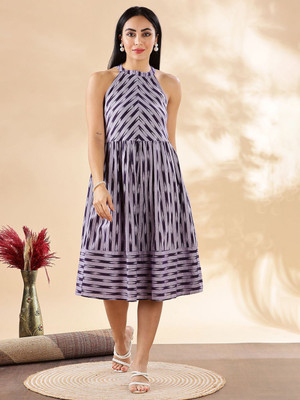 ANOUK Women Fit and Flare Purple, Black Midi/Calf Length Dress