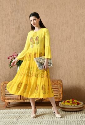 guru fashion Women Fit and Flare Yellow Midi/Calf Length Dress