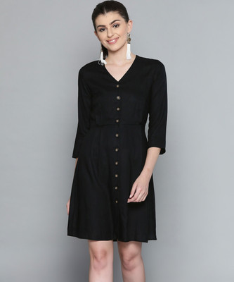 HARPA Women A-line Black Midi/Calf Length Dress