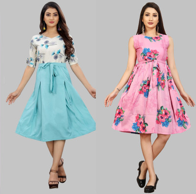 Modli 20 Fashion Women Fit and Flare Blue Knee Length Dress