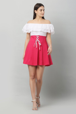 A R J FASHION Women Fit and Flare Pink, White Mini/Short Dress