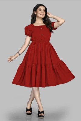 MAHESVAR Women Fit and Flare Maroon Below Knee Dress