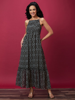 Globus Women A-line Grey, Black Maxi/Full Length Dress