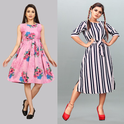Hiral Creation Women Fit and Flare Multicolor Below Knee Dress