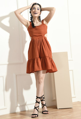 Dressberry Women Fit and Flare Orange Knee Length Dress