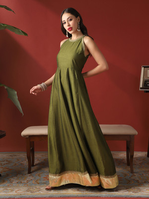 Globus Women Fit and Flare Green Maxi/Full Length Dress