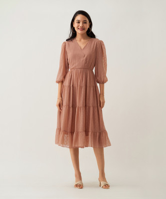 AASK Women Fit and Flare Beige Midi/Calf Length Dress