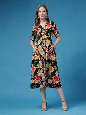 Zelena Women A-line Black Midi/Calf Length Dress