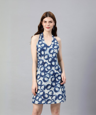 Yash Gallery Women A-line Blue Above Knee/Mid Thigh Length Dress