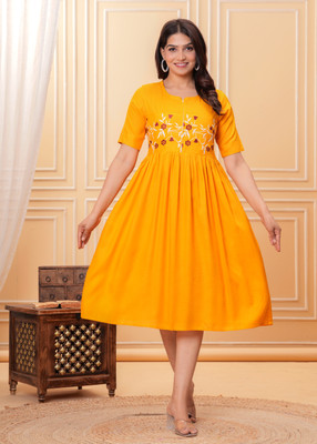 SORTHIYA GROUP Women Fit and Flare Yellow Below Knee Dress