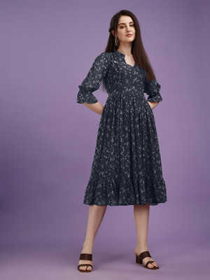 Herway Women Fit and Flare Dark Blue Midi/Calf Length Dress