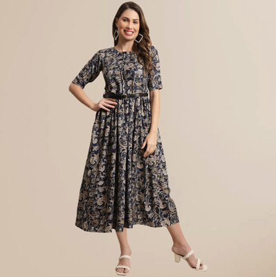 Fabflee Women A-line Blue Midi/Calf Length Dress