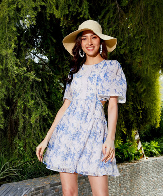 SASSAFRAS Women Skater Blue, White Above Knee/Mid Thigh Length Dress