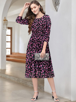 Toochki Women Fit and Flare Black Midi/Calf Length Dress