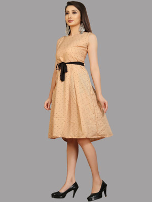 Modli 20 Fashion Women Skater Beige Knee Length Dress