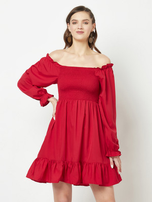 GLITO Women Fit and Flare Maroon Above Knee/Mid Thigh Length Dress