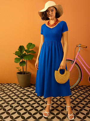 Pink Paprika By SASSAFRAS Women Fit and Flare Blue Midi/Calf Length Dress