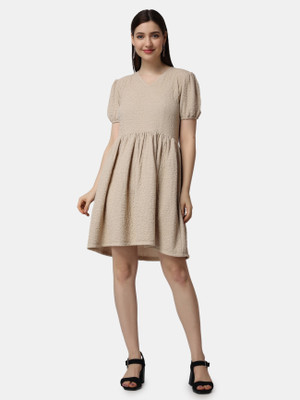 METRONAUT Women Fit and Flare Beige Above Knee/Mid Thigh Length Dress