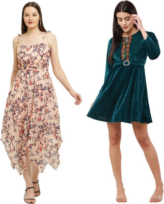 Hunoor Women Fit and Flare Beige, Multicolor Midi/Calf Length Dress